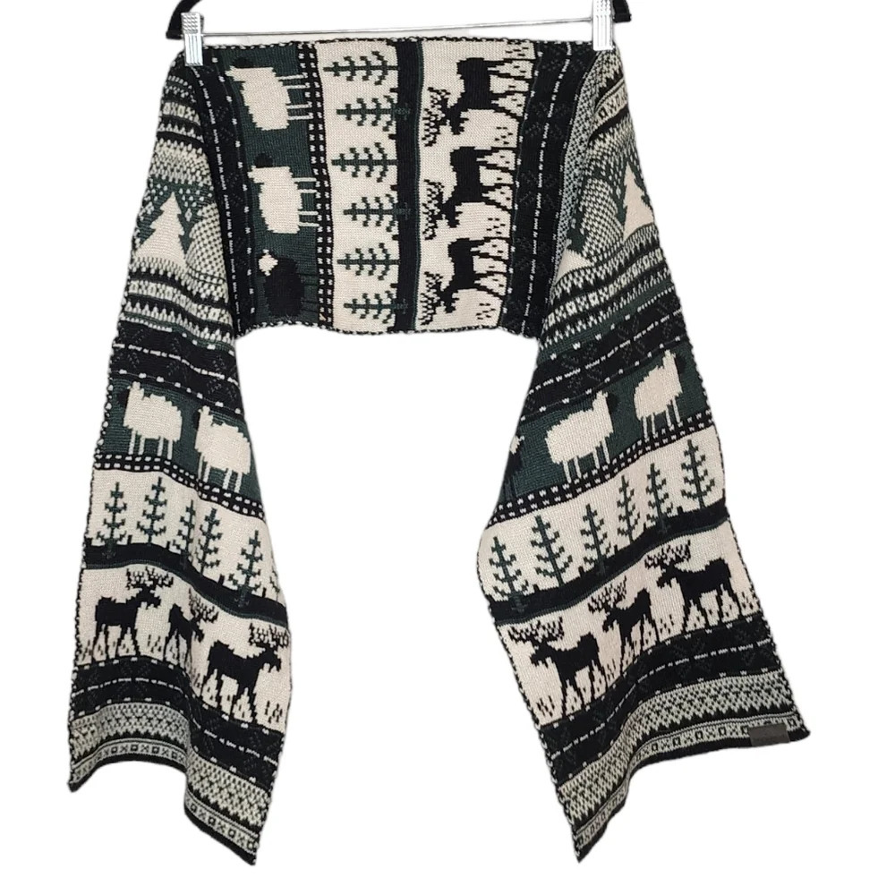 Woolrich wool-blend green winter scarf.  Deer,  sheep,  trees. Green/cream/black